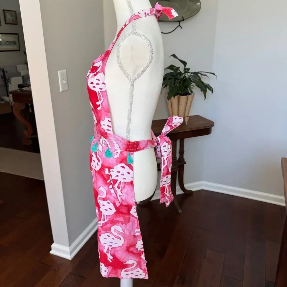 ANTHROPOLOGIE Apron Pink Flamingo Print 100% Cotton Tassels - Picture 4 of 11